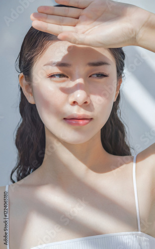 眩しい夏の日差しからを遮るよう、手をかざし目を細めている日本人女性、白背景