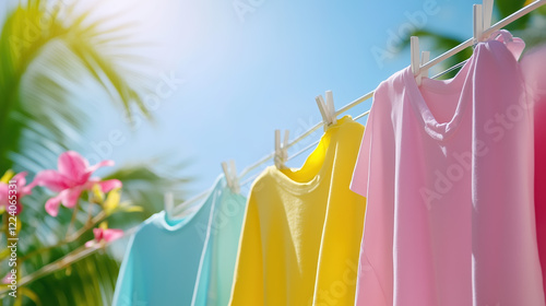 Freshly Washed Laundry in Tropical Garden with Scent Waves, Generative AI photo