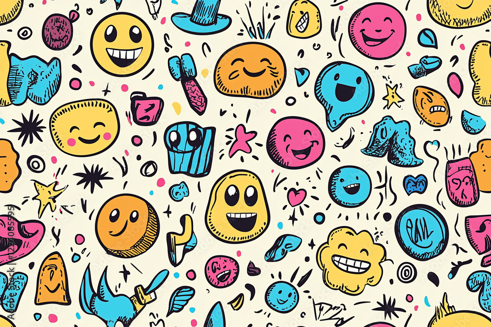 Colorful doodle pattern featuring various playful emojis, shapes, and objects on a light background Colorful doodle pattern featuring various playful emojis, shapes, and objects on a light background