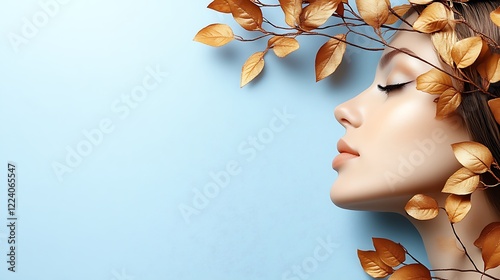 Woman Profile Adorned with Golden Leaves