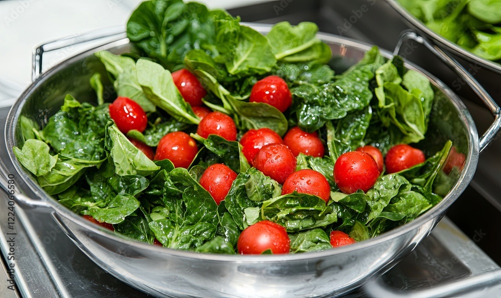 Fresh spinach and cherry tomatoes in a metal bowl, kitchen prep, healthy ingredients Fresh spinach and cherry tomatoes in a metal bowl, kitchen prep, healthy ingredients