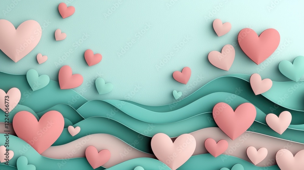 Naklejka premium Serene Layered Backdrop of Teal and Pink Hearts for Creative and Romantic Projects