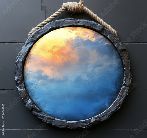  A collection of round vintage mirrors with rustic rope hanging on walls, featuring reflective blue-tinted glass. An elegant home decor piece for a minimalist or antique aesthetic.