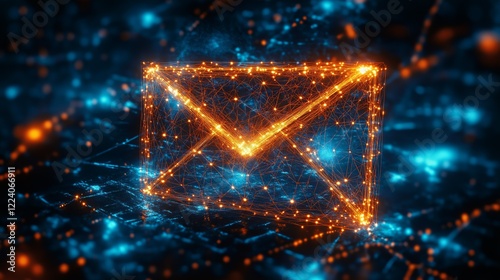 Abstract Wireframe Envelope in Bright Orange and Blue Digital Network Background