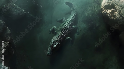 Majestic underwater scene, sleek shark gliding through blue depths, highlighting ocean life's beauty and tranquility. photo