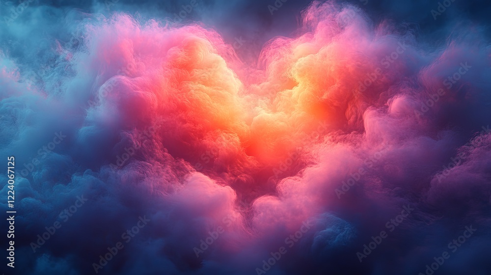 Colorful valentine’s day heart shaped clouds with vibrant colors, abstract background in hyper-realistic photography, high-resolution detail