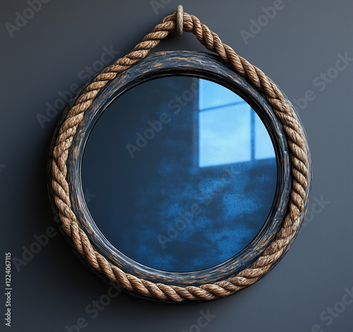  A collection of round vintage mirrors with rustic rope hanging on walls, featuring reflective blue-tinted glass. An elegant home decor piece for a minimalist or antique aesthetic.