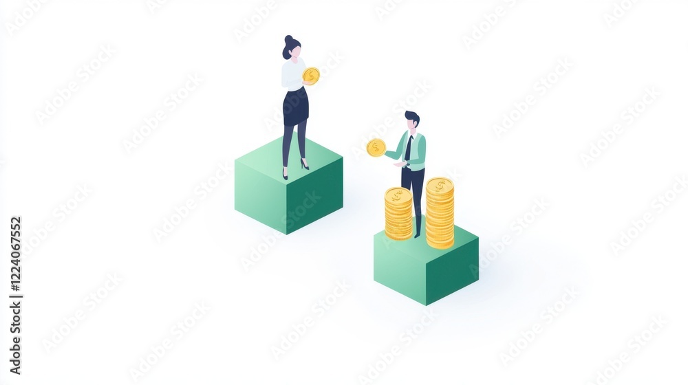 Two characters stand on platforms exchanging coins, symbolizing finance, investment, or economic growth in a minimalist style. Two characters stand on platforms exchanging coins, symbolizing finance, investment, or economic growth in a minimalist style.