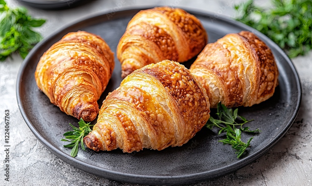 Fototapeta premium Freshly baked croissants on a dark plate, garnished with herbs, on a textured surface