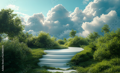 A dreamy landscape with a round white podium in the foreground, surrounded by lush greenery and a bright sky with fluffy clouds. Ideal for product presentation and branding visuals.