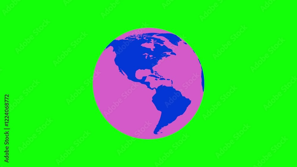 Flat design of spinning Earth on green. Blue and Purple Color Symbolic Planet Earth. Looped world planet with world map texture. Flat design of spinning Earth on green. Blue and Purple Color Symbolic Planet Earth. Looped world planet with world map texture.