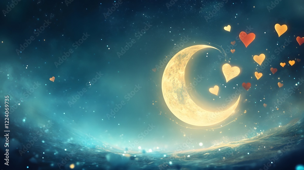 Naklejka premium Dreamy night sky, ethereal crescent moon surrounded by soft clouds and glowing stars, perfect for calming backgrounds or themes.