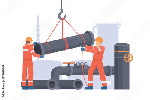 Oil and Gas Industry Workers Maintaining and Repairing Pipelines. Fully Editable Elements, Easy to Customize