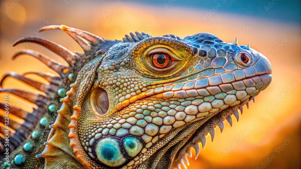 Fototapeta premium Stunning Iguana Head Portrait with Bokeh Effect in Sandy Landscape, Capturing Nature's Beauty and Detail