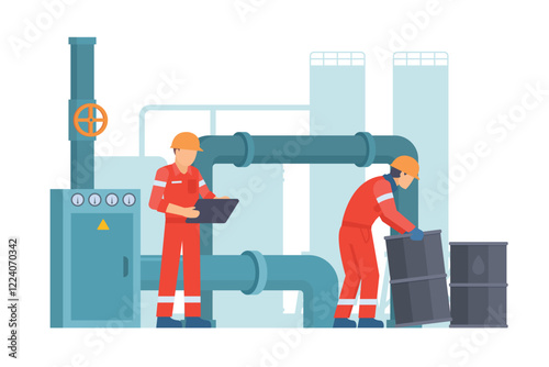 Oil and Gas Industry Workers Maintaining and Repairing Pipelines. Fully Editable Elements, Easy to Customize