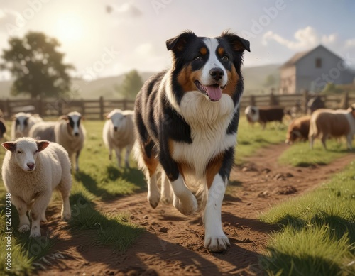 An Australian Shepherd herding sheep on a farm,  dog herding,  australian shepherd breed photo
