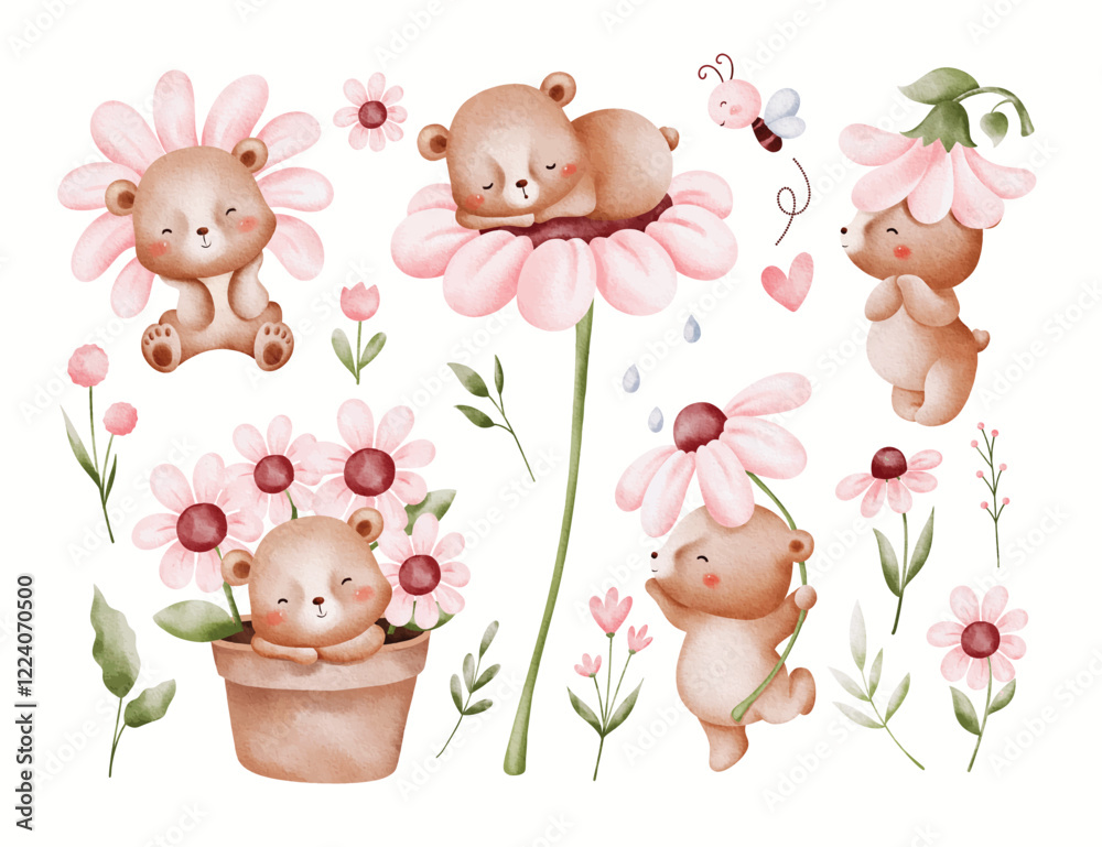 Fototapeta premium Watercolor Illustration Set of Cute Teddy Bear and Pink Flowers