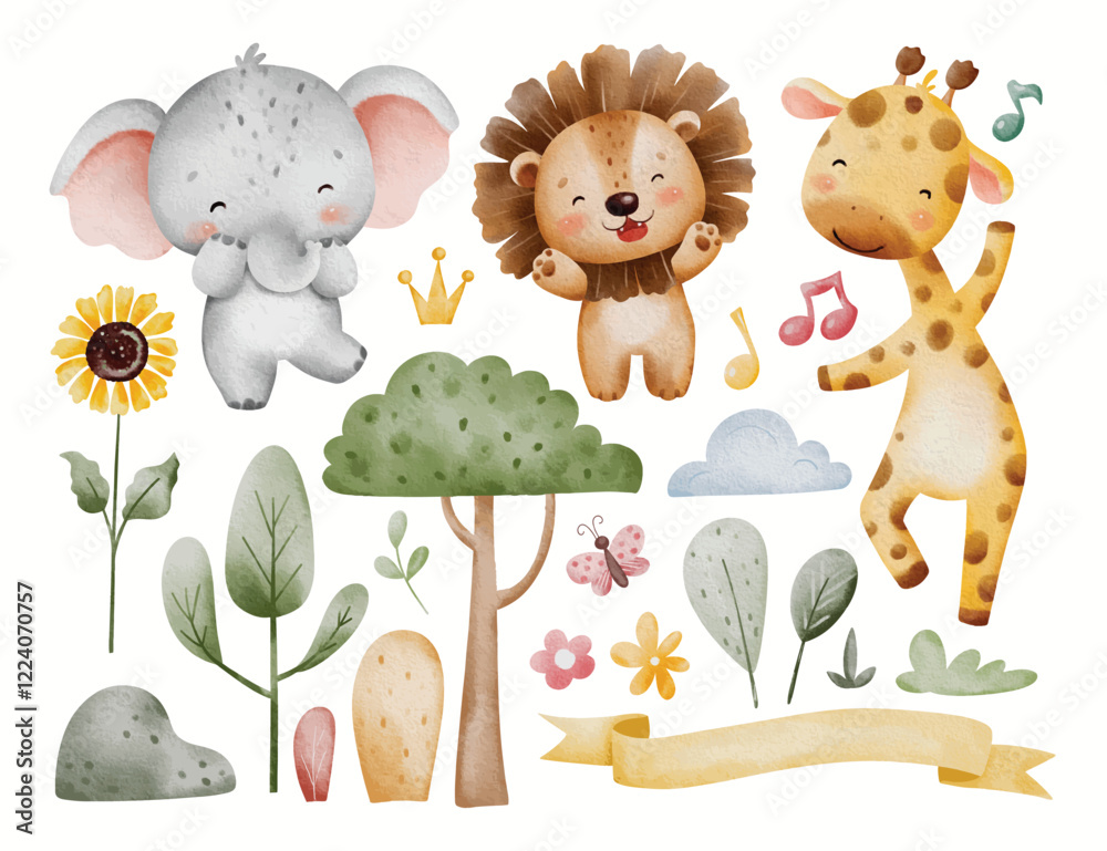 Fototapeta premium Watercolor Illustration Set of Happy Safari Animals and Nature Elements