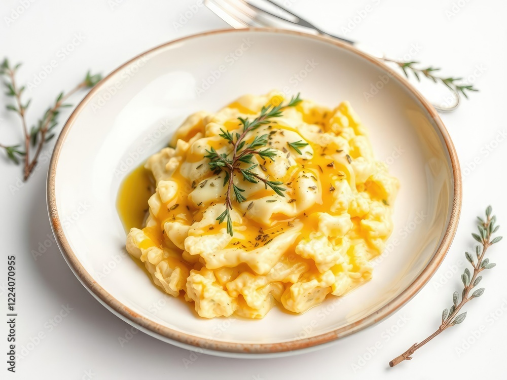 A steaming plate of scrambled eggs with truffle oil and fresh herbs garnished on a crisp white background, culinary arts, scrambled eggs A steaming plate of scrambled eggs with truffle oil and fresh herbs garnished on a crisp white background, culinary arts, scrambled eggs