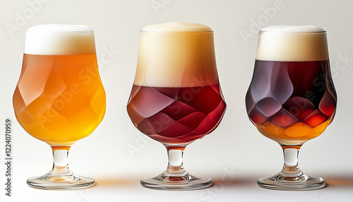 A selection of beer glasses filled with different types of beer, featuring rich foam on top. The image highlights the variety in brewing styles, making it ideal for pubs, breweries, and beer lovers.
