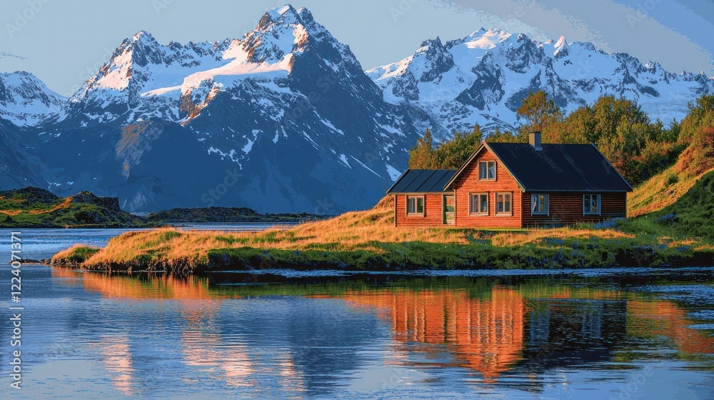 Fototapeta premium Secluded Cabin Nestled in Majestic Fjord Landscape