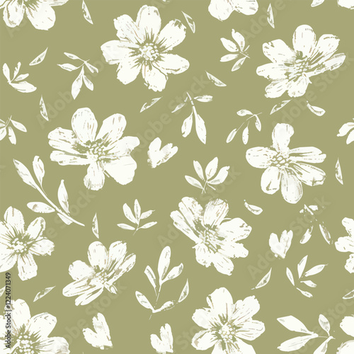 Cute white flowers on olive green watercolor seamless pattern. Watercolor print in rustic vintage style, textile or wallpapers.