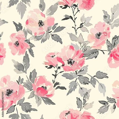 Cute pink rose and gray leave watercolor floral  watercolor seamless pattern. Watercolor print in rustic vintage style, textile or wallpapers.