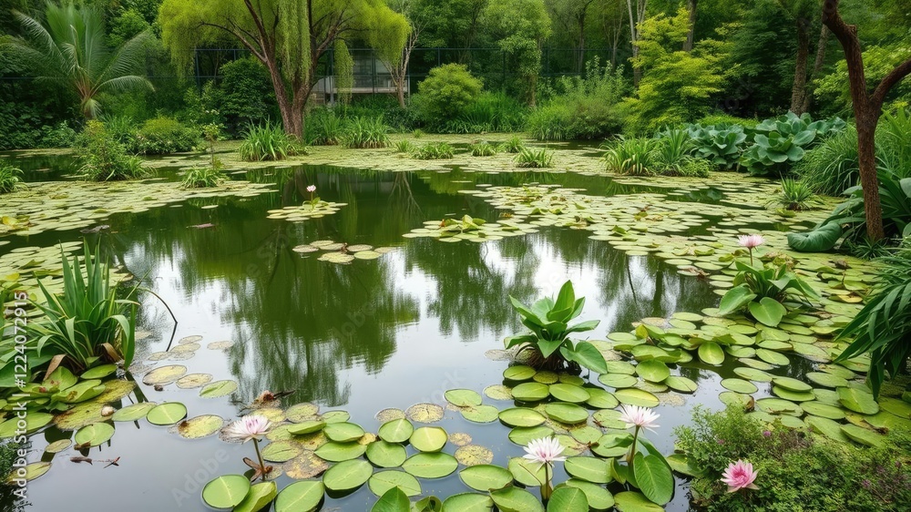 A tranquil green swamp garden with a large pond surrounded by various types of greenery including trees and flowers, greenery, nature A tranquil green swamp garden with a large pond surrounded by various types of greenery including trees and flowers, greenery, nature