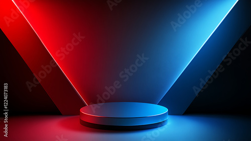 Modern abstract stage with blue and red neon light glow on dark display platform with futuristic technology background