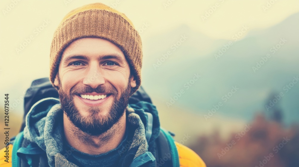 Hiker smiles broadly while taking a selfie, enjoying the beauty of nature on a mountain trail. Perfect day for adventure outdoors Hiker smiles broadly while taking a selfie, enjoying the beauty of nature on a mountain trail. Perfect day for adventure outdoors