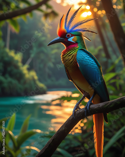 Cendrawasih bird of paradise on its habitat, Papua Forest, extinct bird, sunset, tropical forest, river, created by generative ai