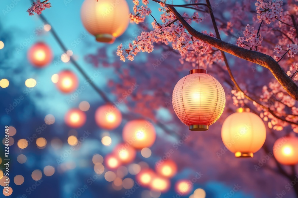Obraz premium Softly glowing paper lanterns hang among blooming cherry blossoms, creating a serene atmosphere with a vibrant bokeh backdrop. Ideal for festive and seasonal themes