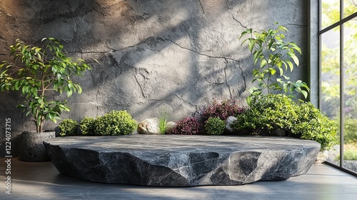 Serene Stone Platform with Lush Greenery