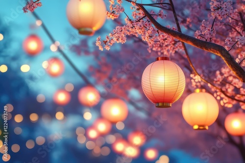 Softly glowing paper lanterns hang among blooming cherry blossoms, creating a serene atmosphere with a vibrant bokeh backdrop. Ideal for festive and seasonal themes photo