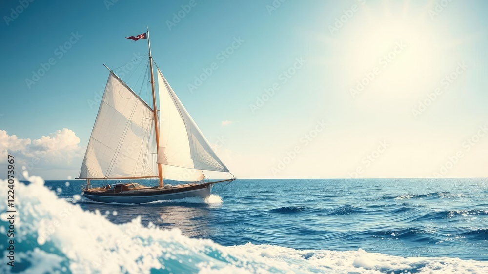 Fototapeta premium A vintage style poster of a sailing boat with billowing sails and a sunny ocean background, featuring a subtle wave effect in the foreground, nautical, yachting