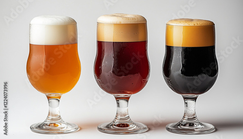A selection of beer glasses filled with different types of beer, featuring rich foam on top. The image highlights the variety in brewing styles, making it ideal for pubs, breweries, and beer lovers.
