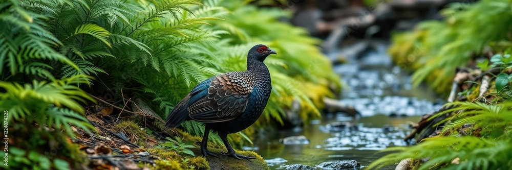 A western capercaillie stands motionless among the ferns of a forest stream, its camouflage abilities allowing it to blend seamlessly into the surroundings, camouflage, wildlife A western capercaillie stands motionless among the ferns of a forest stream, its camouflage abilities allowing it to blend seamlessly into the surroundings, camouflage, wildlife