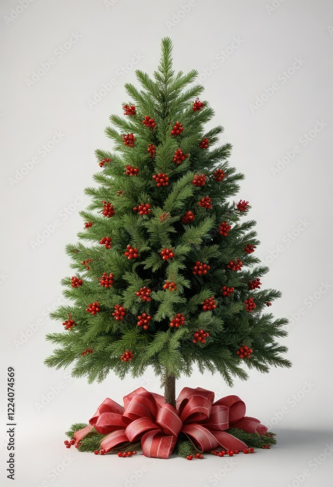 A white background with a small Christmas tree in the center adorned with red berries and evergreen branches, small christmas tree, winter wonderland A white background with a small Christmas tree in the center adorned with red berries and evergreen branches, small christmas tree, winter wonderland