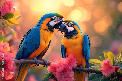 Two Blue Gold Macaws Nuzzle Amongst Pink Blossoms photo