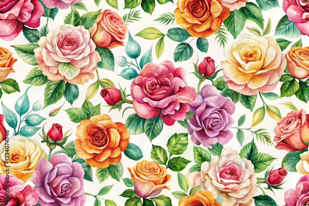 Watercolor Roses Pattern, White Background, High Depth of Field - Floral Art Print Design Watercolor Roses Pattern, White Background, High Depth of Field - Floral Art Print Design