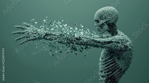 Abstract human figure made of particles disintegrating into dust against a green background
