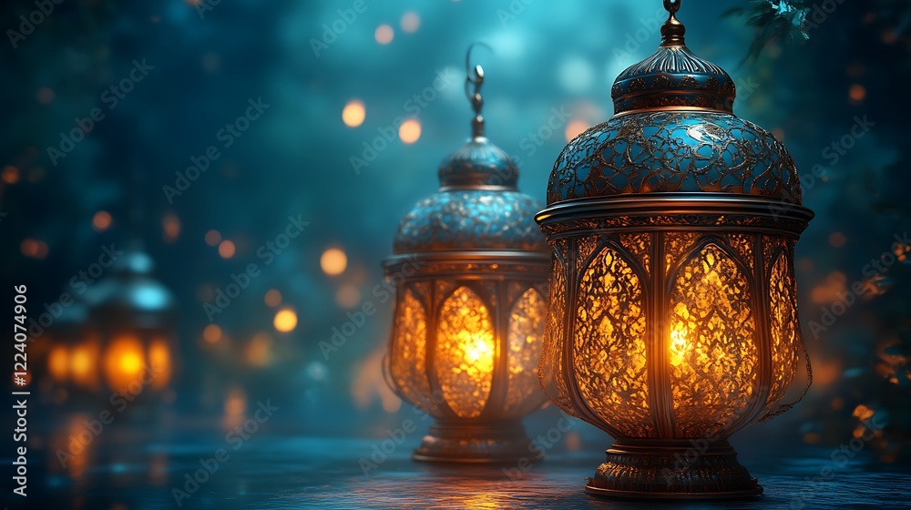 Illuminated Lanterns Glowing in a Mystical Night Setting Illuminated Lanterns Glowing in a Mystical Night Setting