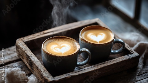 Warm photo of steaming coffee mugs with heart latte art placed on a rustic wooden tray