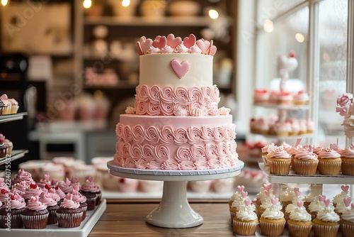 Elegant Two Tiered Pink Wedding Cake With Cupcakes photo