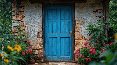 Serene Blue Door in a Stone Wall Garden
