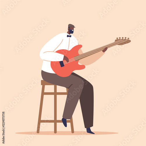 Talented Black Musician Character Performing Soulful Jazz Music On Guitar, Captivating The Audience, Vector Illustration