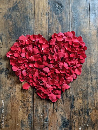 Flat lay photo of red rose petals arranged in a heart shape on a wooden table
