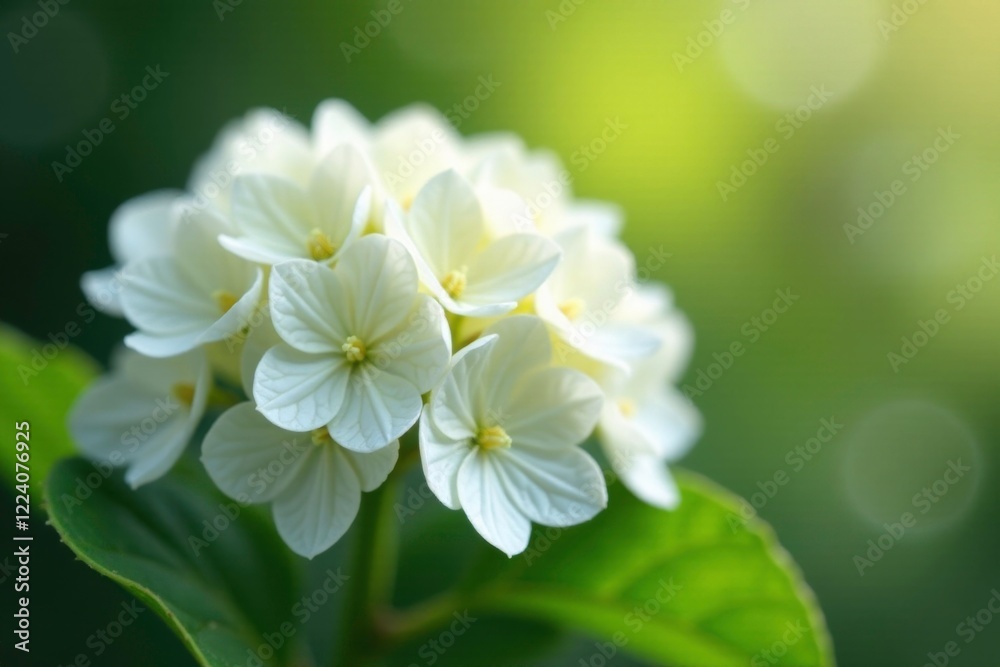 Soft white flowers start to unfurl on the broom-shaped hydrangea, soft, spring, flower Soft white flowers start to unfurl on the broom-shaped hydrangea, soft, spring, flower