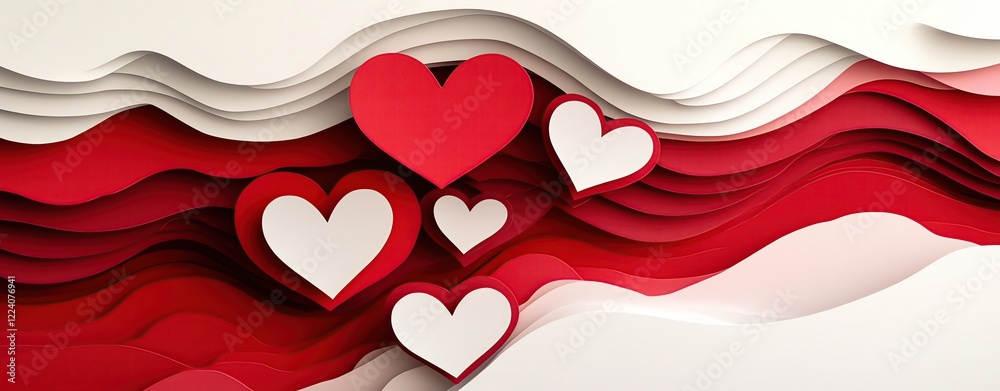 Graphic design of layered paper-cut hearts in shades of red and white with a 3D effect Graphic design of layered paper-cut hearts in shades of red and white with a 3D effect