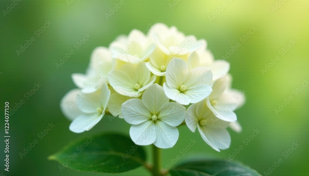 Soft white flowers start to unfurl on the broom-shaped hydrangea, white, growth Soft white flowers start to unfurl on the broom-shaped hydrangea, white, growth